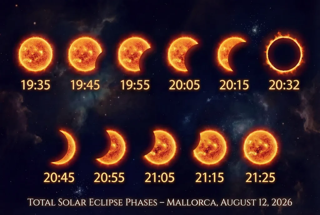 The image below shows the complete evolution of the solar eclipse in Mallorca